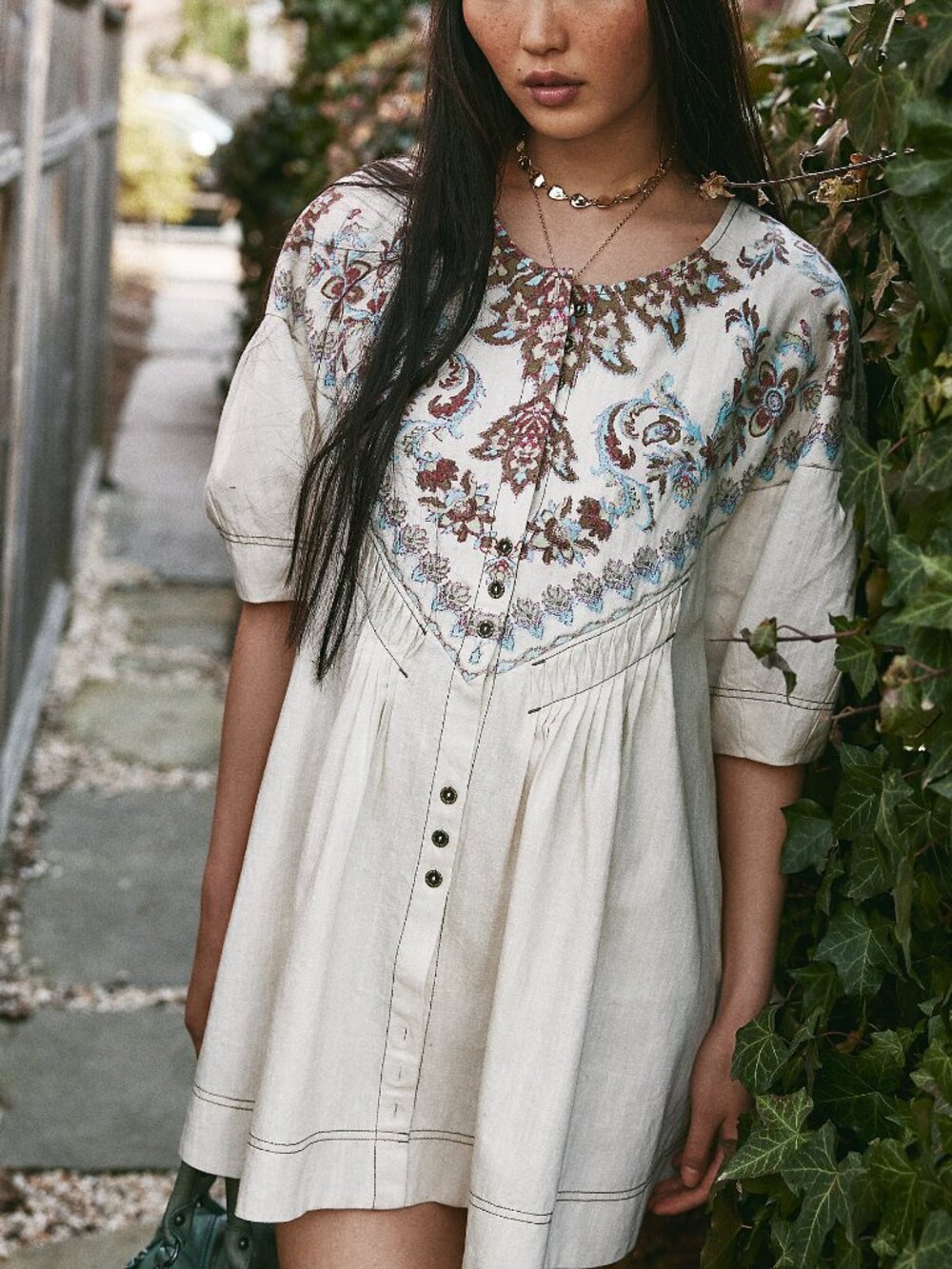 Free People Cream Mini Dress with Multicolor Floral Embroidery